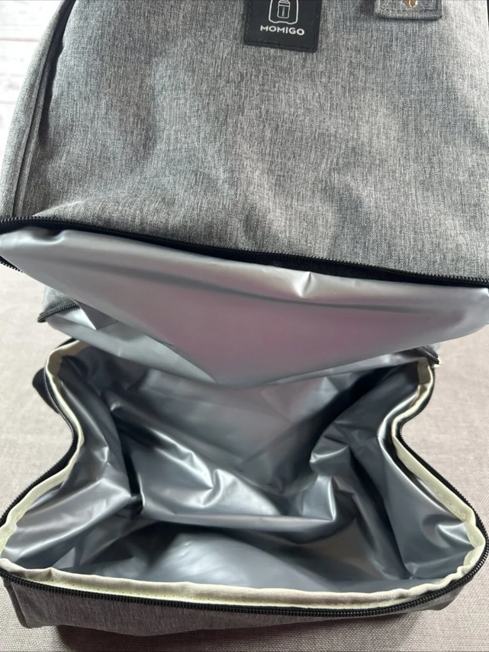 2 Tone Gray Breast Pump Backpack Cooler Moisture Proof Bag Double Layer Zip Up